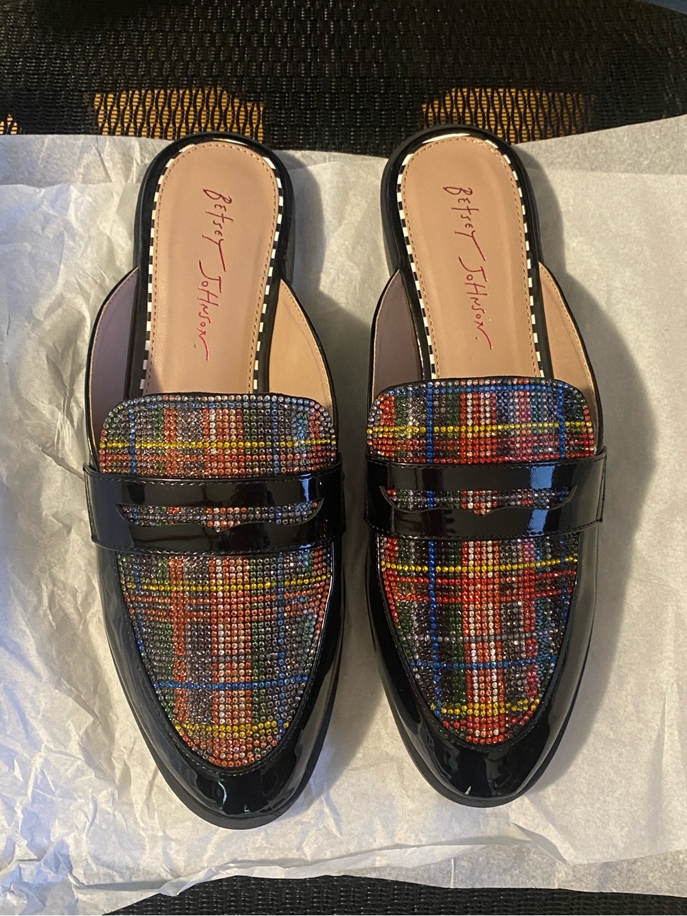 New Betsey Johnson Black Multicolor Plaid Leather Loafer Mules